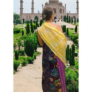 NWT Trades of Hope Yellow White Cotton Handmade Block Printed Cotton Scarf India